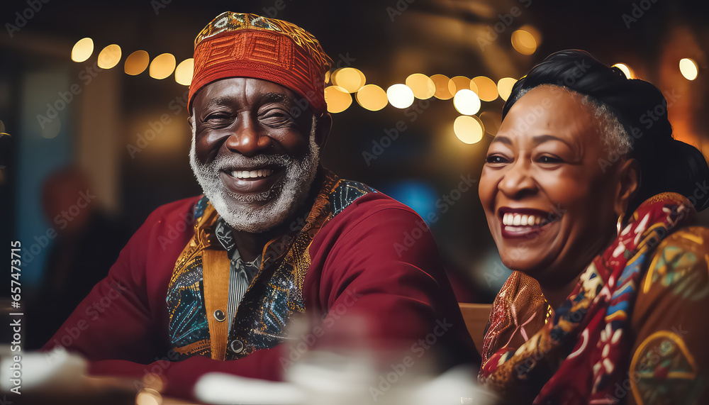 Black african couple sitting at festive table, christmas and new year concept
