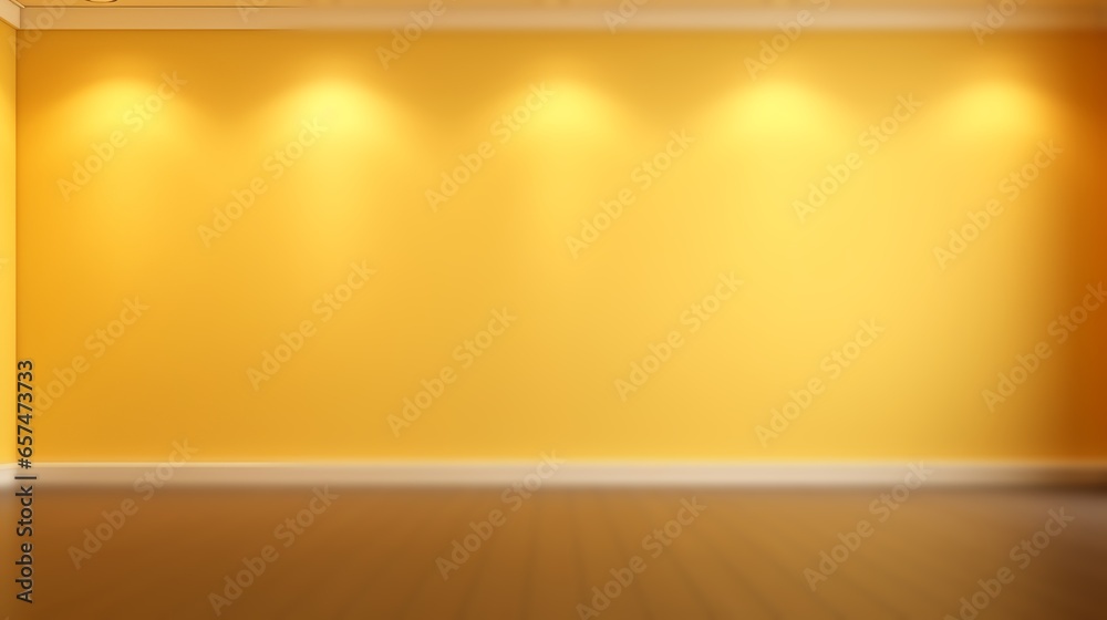 Fototapeta premium Yellow background for presentation. A light orange wall in the interior with beautiful built-in lighting and a smooth floor with copy space, banner concept