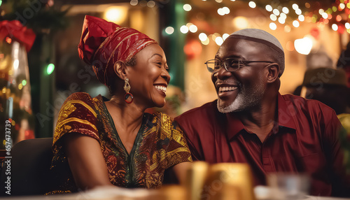 Black african couple sitting at festive table, christmas and new year concept