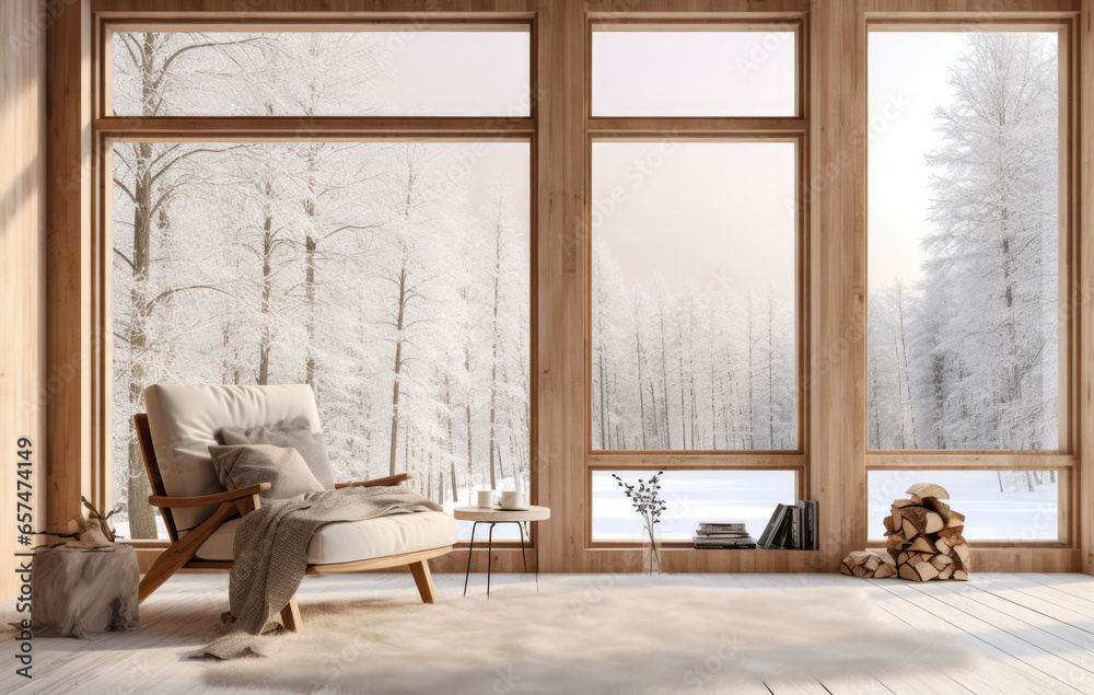 Luxurious villa living room with a snowy scene in the background Luxurious villa living room with a snowy scene in the background