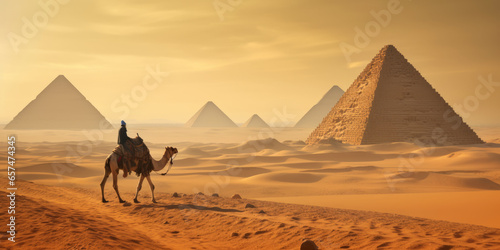 full length,Nomad on camel near pyramids in egyptian desert