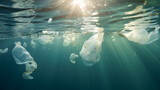 Sunlight pierces the ocean's surface, revealing drifting plastic bags amidst marine life, a poignant depiction of pollution's grip on natural habitats