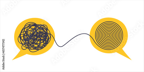Psychologist consulting or mental problem solving brainstorm concept. Two speech bubbles conversation icons with line scribbles. Coach, mentoring psychotherapy. Complex to simple mind concept.