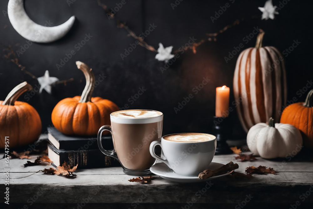 halloween still life with latte, decorations and pumpkins , holiday background halloween still life with latte, decorations and pumpkins , holiday background