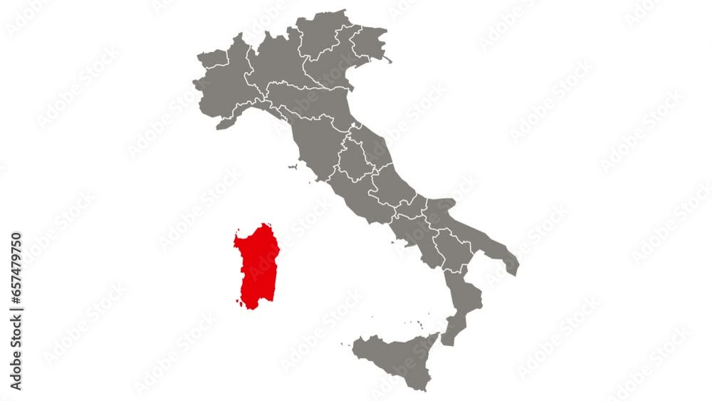 Sardinia region blinking red highlighted in map of Italy Sardinia region blinking red highlighted in map of Italy