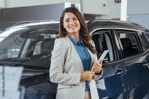 Smiling saleswoman holding tablet PC while looking at camera at new car showroom. Professional car dealer posing proudly at auto showroom, smiling to the camera, holding tablet PC. photo