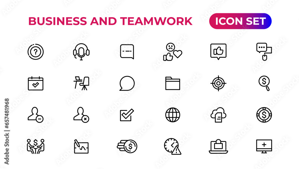 Business and Teamwork line icons set.Money, investment, teamwork, meeting, partnership, meeting, work success.Outline icon . Business and Teamwork line icons set.Money, investment, teamwork, meeting, partnership, meeting, work success.Outline icon .