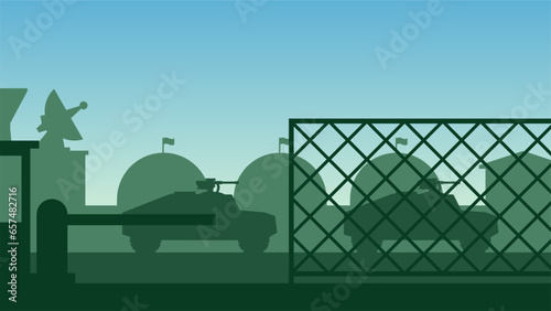 Military base landscape vector illustration. Silhouette landscape of humvee in military base gate. Military landscape for background, wallpaper or landing page