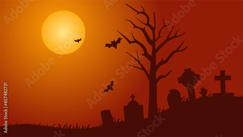 Cemetery landscape vector illustration for Halloween event. Graveyard landscape for Halloween with gravestone and dead tree. Halloween landscape for background, wallpaper, or landing page