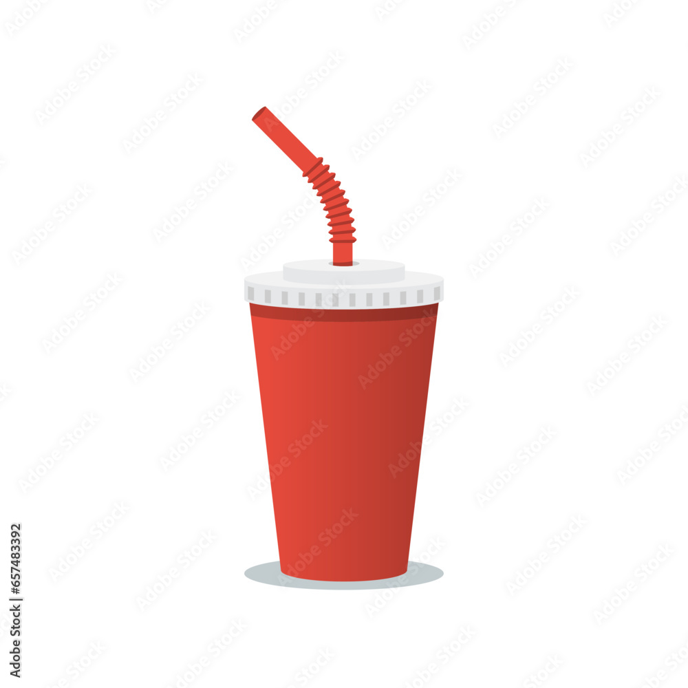 Paper red cup. A glass of cola with a straw. Cooling drink. Vector illustration flat design. Isolated cup with long shadow. Drink icon. Fast food drink icon. Paper red cup. A glass of cola with a straw. Cooling drink. Vector illustration flat design. Isolated cup with long shadow. Drink icon. Fast food drink icon.