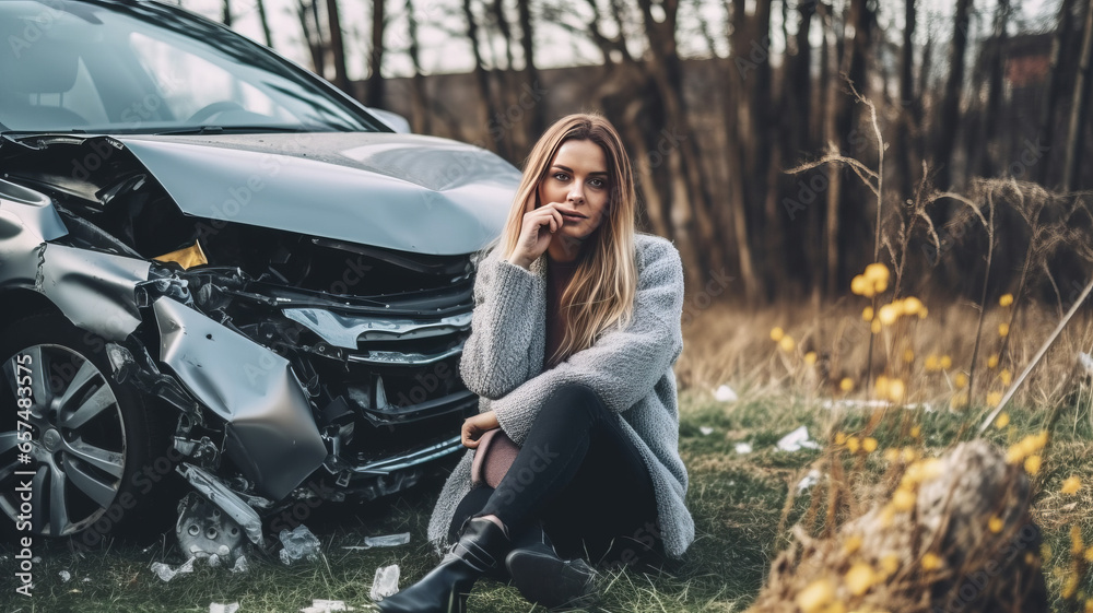 woMan make call by phone sits by wrecked car after car accident