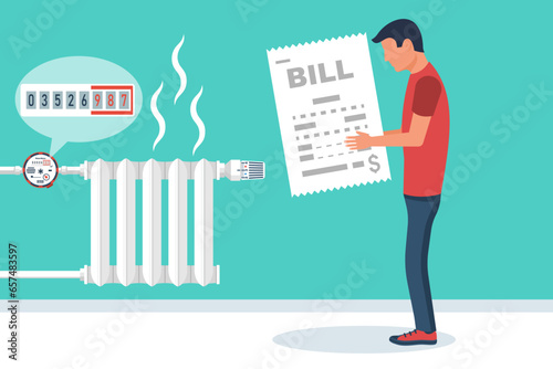 Bill Payment. High utility bills. Stress for a young man. Invoice, payment for heat energy. Modern flat cartoon style. Vector illustration on a white background