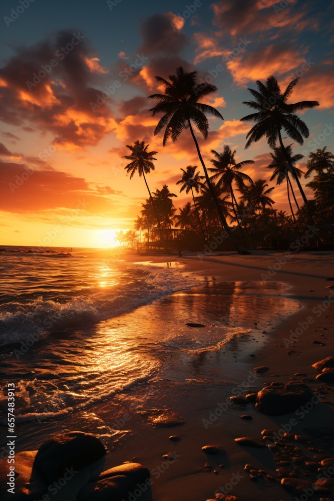 exotic coastal landscape with palm trees in beautiful sunset light