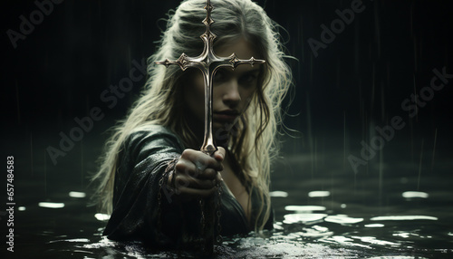 Photographic recreation of Lady of the Lake coming out of the lake with the legendary sword Excalibur. Illustration AI