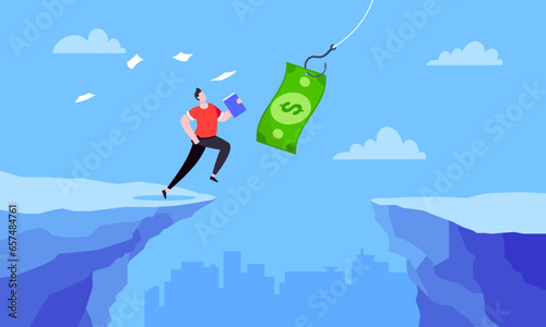Fishing money chase business concept with businessman running after dangling dollar jumps over the cliff. Working hard and always busy in the loop routine flat style design vector illustration.