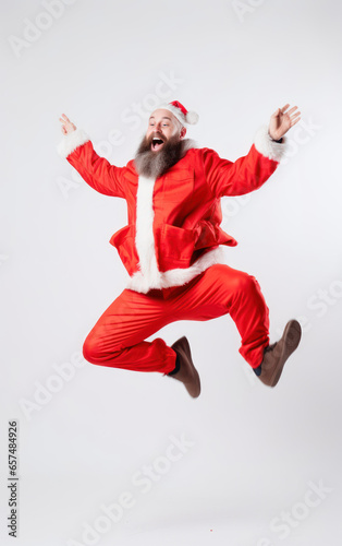 Full length portrait of a happy Santa Claus jumping isolated on a white background