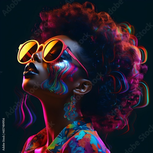 A digital artwork of a woman in sunglasses and curly hair standing in front of a colorful background.