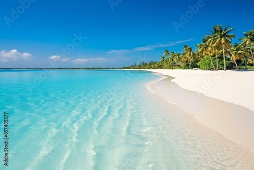 A stunning beach with glistening sand and crystal-clear water in Maldives. Generative AI © Sofia