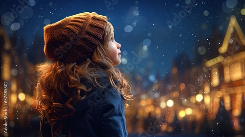 A cute little kid with a curious expression on their face, dressed in a cozy cap and jacket, and surrounded by snowflakes. Concept relating to the winter vacations.
