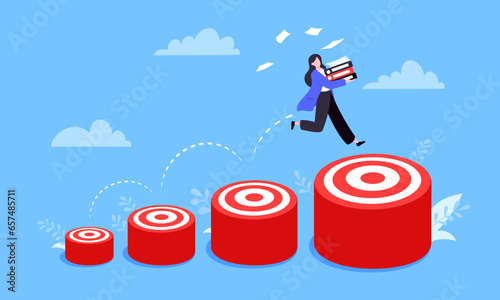 Businesswoman runs and jumps from small target goal to reach bigger target goal achievement flat style design vector illustration. Career growth and ladder of success path objective business concept. photo