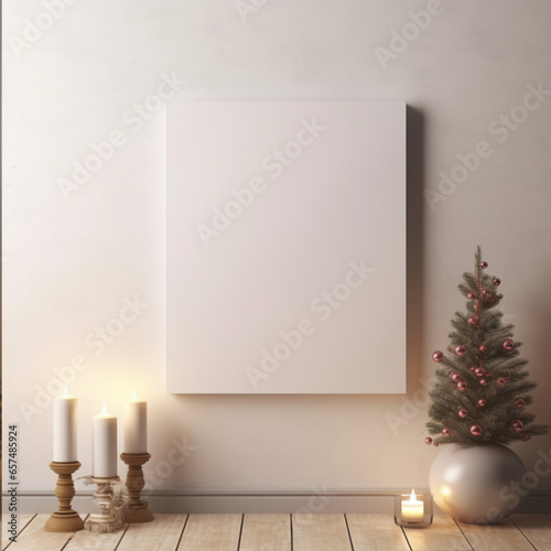 frame mockup empty, blank canvas over a fireplace at christmas, modern scandinavian photo