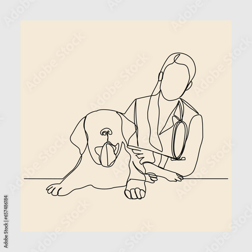 Continuous single line sketch hand drawn drawing of young female veterinarian examining and take care of a sick dog. One line art concept of et health care service. Vector illustration