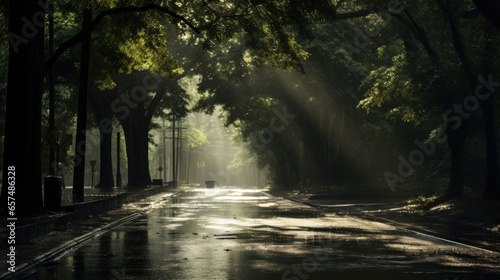 Nature,road covered with rainwater and trees in the sunshine