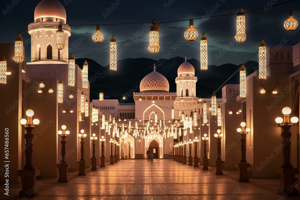 A night view of a mosque with bright Arabic lanterns illuminating the foreground. Generative AI
