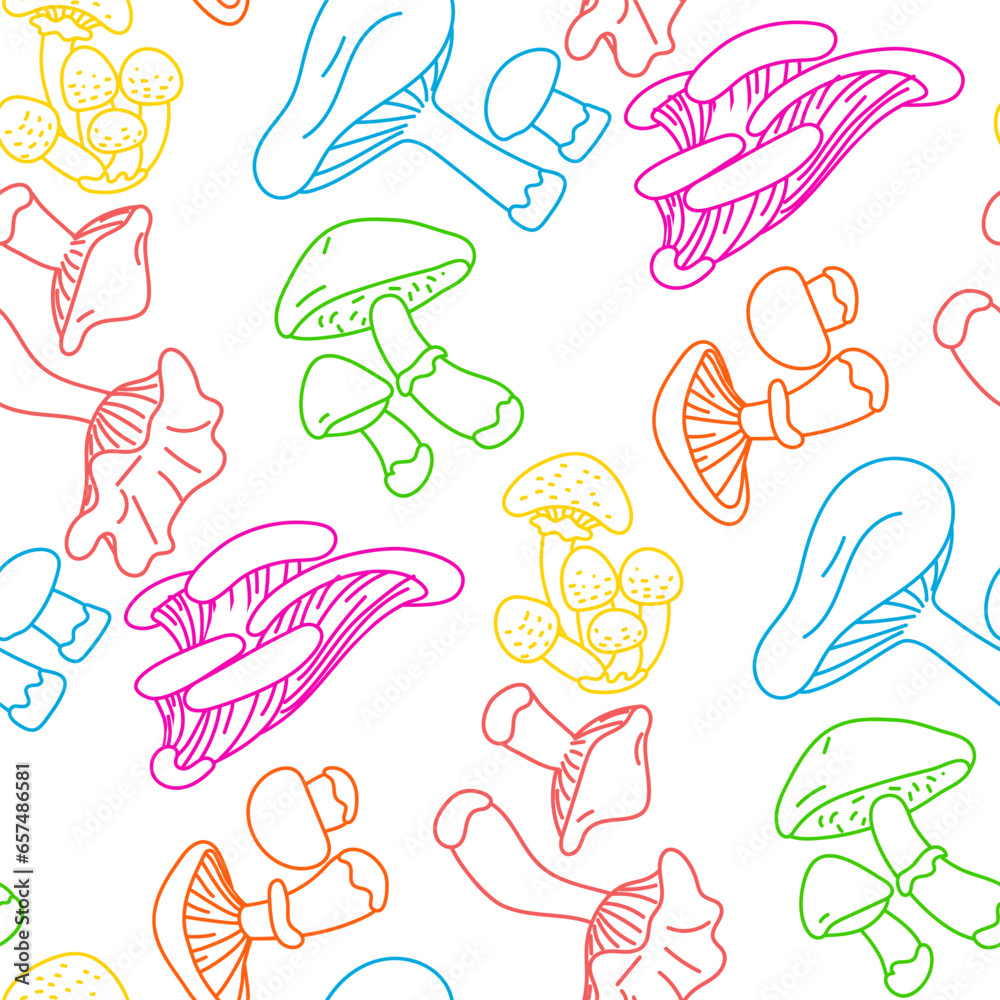 Bright contour pattern with multicolored contours of large mushrooms. Colorful illustration of mushrooms, bright psychedelic colors on a white background. Contoured seamless texture for printing