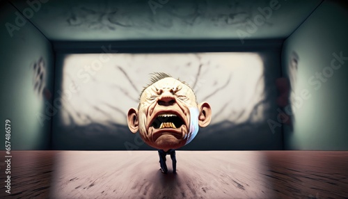 Zombie Man, ugly face and anger expression in empty room, horror situation highly detailed illustration. photo