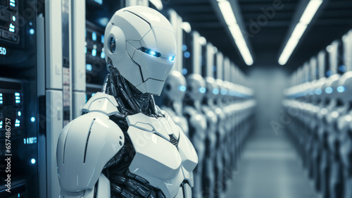 Data center with multiple rows of fully operational server racks room with white robot checking,generative ai.
