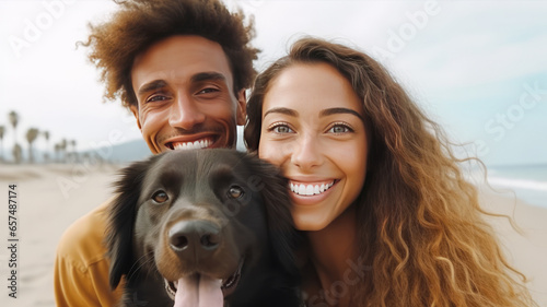 Portrait, happy and smile with a man, woman and pet golden retriever outdoor.generative ai.