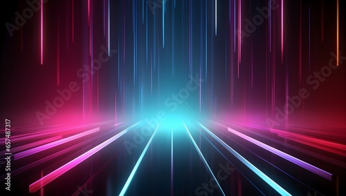 abstract neon background with ascending pink and blue glowing lines. Fantastic wallpaper with colorful laser rays. generative ai
