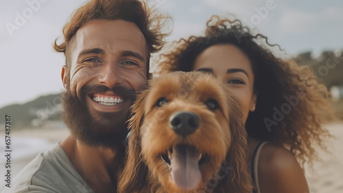 Portrait, happy and smile with a man, woman and pet golden retriever outdoor.generative ai.