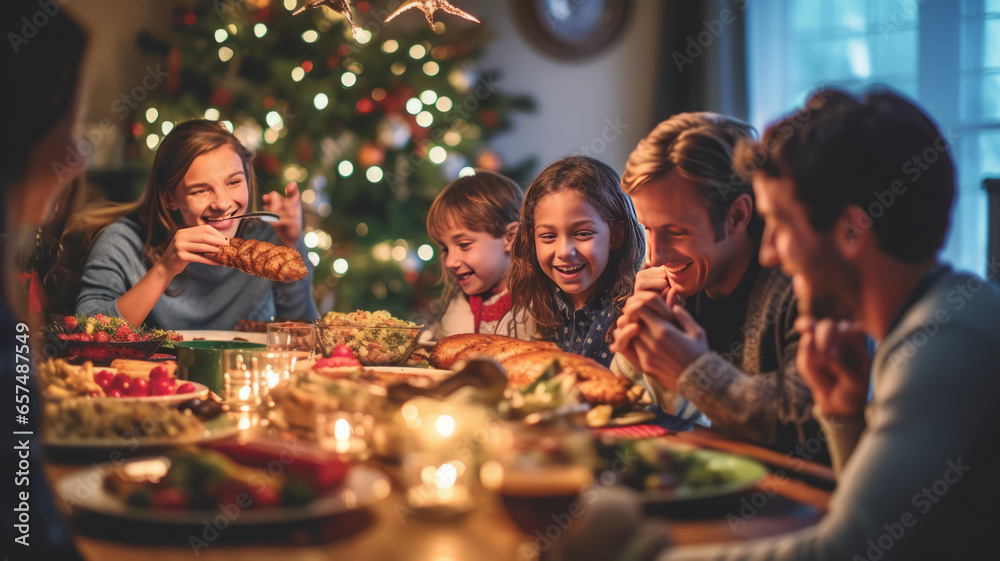 a family gathered around a beautifully decorated table, filled with delicious holiday generative ai a family gathered around a beautifully decorated table, filled with delicious holiday generative ai