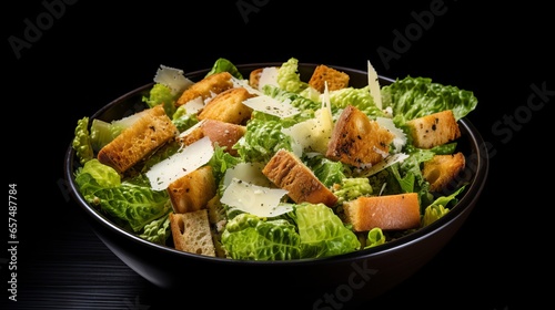 Fresh and Healthy Caesar Salad with Crispy Croutons and Parmesan Cheese on a Black Plate, Top View Isolated on a Dark Background