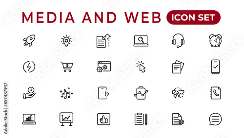 Media and Web icons in line style.Data analytics,Digitalmarketing, Management, Message, Phone. Vector illustration.