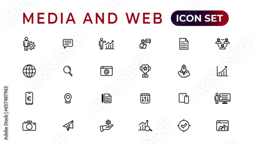 Media and Web icons in line style.Data analytics,Digitalmarketing, Management, Message, Phone. Vector illustration.