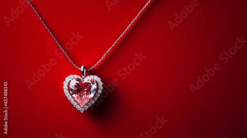 Luxury heart necklace with stylish diamonds on red background photo