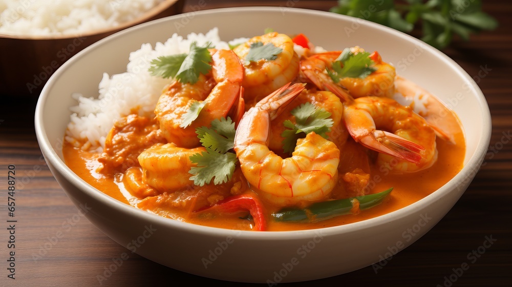 Delicious Coconut Shrimp Curry with Rice and Cilantro on a White Plate Delicious Coconut Shrimp Curry with Rice and Cilantro on a White Plate