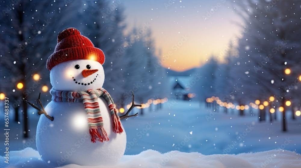 Winter holiday christmas background banner - Closeup of cute funny laughing snowman with wool hat and scarf, on snowy snow snowscape with bokeh lights - obrazy, fototapety, plakaty 