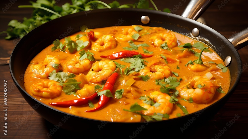 Delicious Coconut Shrimp Curry with Rice and Cilantro on a White Plate