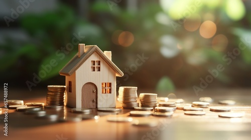 Real Estate Investment. Mini house and coins symbolizing smart financial choices 