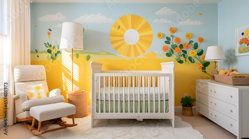 A baby's room with a white crib and a colorful wall