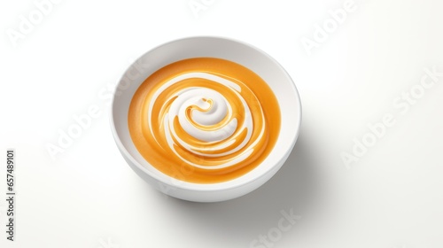 a bowl of rich pumpkin soup with a cream swirl as decoration.