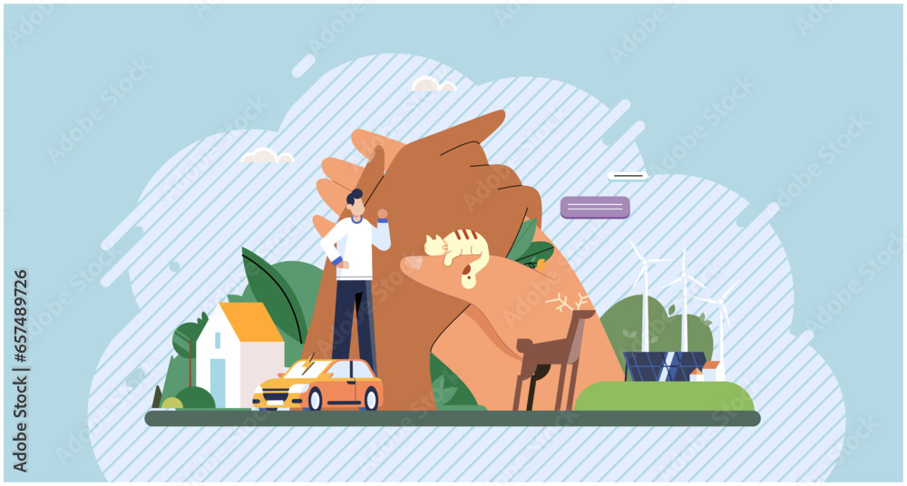 Fototapeta premium Happy man in nature with plants in garden, cat in huge hands. Person feeling unity with nature, enjoying and contemplating. Wellbeing concept. Clean nature, smart home and energy-saving technologies