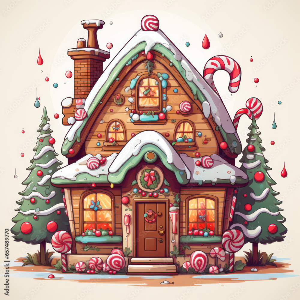 A gingerbread house with Christmas decorations, candy sticks, and other sweets, Generative AI