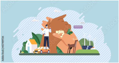 Happy man in nature with plants in garden, cat in huge hands. Person feeling unity with nature, enjoying and contemplating. Wellbeing concept. Clean nature, smart home and energy-saving technologies