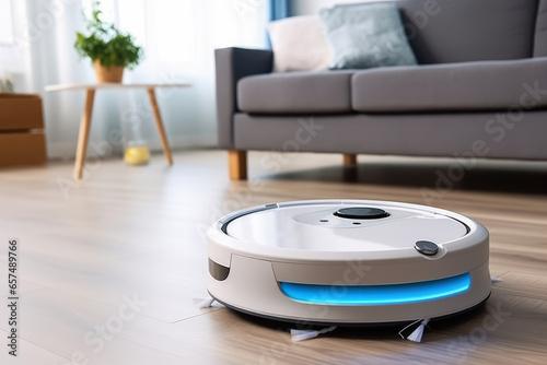 Modern robot vacuum cleaner working in room at home