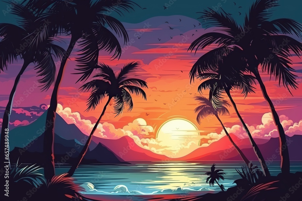 Cartoon flat panoramic landscape, sunset with palm trees. Background in retrofuturism style